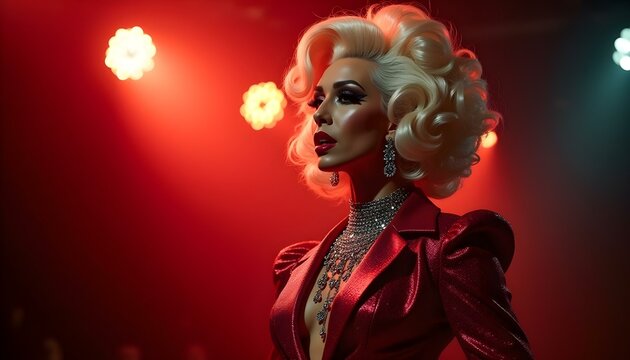Dramatic performer drag queen drag king on stage with coiffed hair and elaborate costume theatre theater emcee trans wardrobe with sensual lighting star starlet