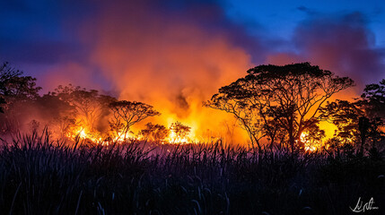 dramatic forest fire scene with bright orange flames illuminating dark sky, surrounded by trees and smoke. intense colors evoke sense of urgency and danger