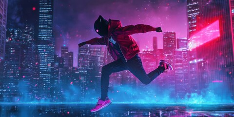 Obraz premium Fox-masked teen performing a dynamic leap in front of a glowing city skyline, urban athleticism,