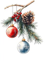 Fototapeta premium Festive Christmas Ornaments Hanging on Pine Branch with Pine Cone and Berries in a Watercolor Style for Seasonal Decoration and Holiday Cheer