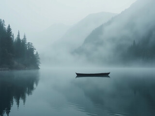 a boat is floating on a lake in the fog.