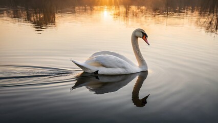 Fototapeta premium Graceful Swan Gliding on Calm Lake at Dawn
