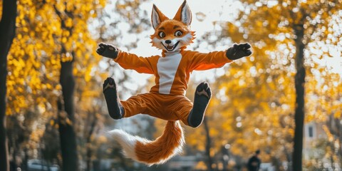 Furry teen mid-air jump in a fox costume, playful city park scene, dynamic movement,