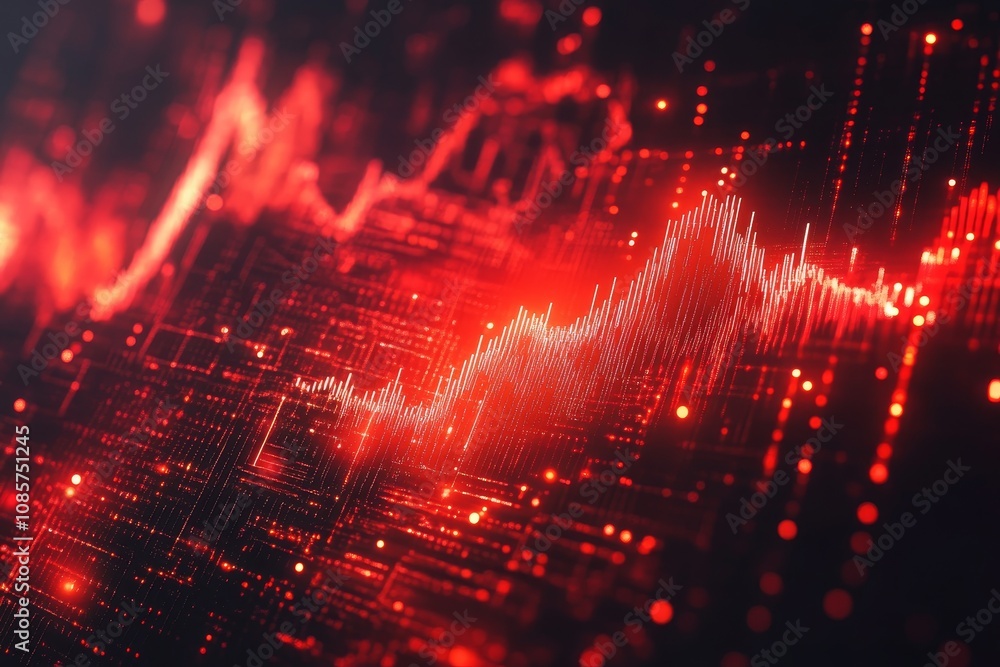 Poster futuristic digital data visualization with red waveforms and glowing screens for tech and finance