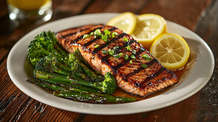 Delicious grilled salmon fillet served with lemon slices and fresh vegetables, creating vibrant and appetizing meal. Enjoy rich flavors and healthy ingredients!
