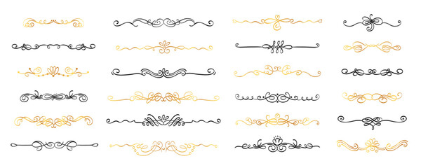 Calligraphy dividers. Decorative text borders and flourish swirls, elegant romantic curves for wedding invitation card and greeting message. Vector set