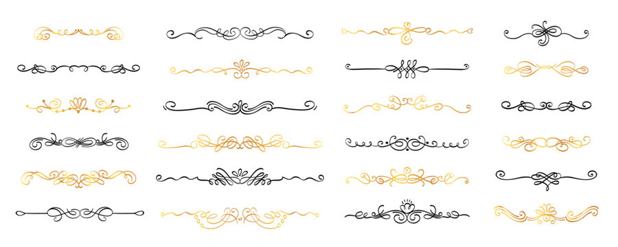 Calligraphy dividers. Decorative text borders and flourish swirls, elegant romantic curves for wedding invitation card and greeting message. Vector set