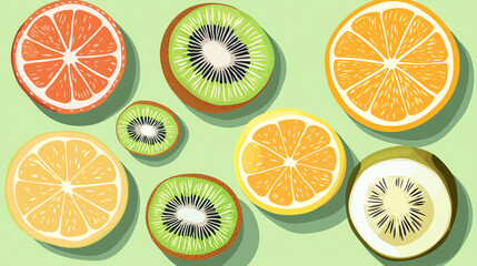 Obraz premium Vibrant collection of fresh fruit slices including oranges, lemons, and kiwis on a light green background