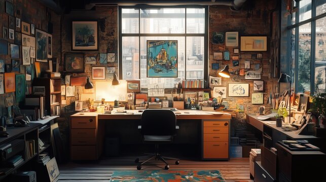 Artistic office vibes creative sketch environment with minimalist desk and pastel decor, featuring scattered sketches and drawing tool on clean surface