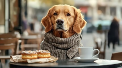 A cozy dog enjoying coffee and donuts at an outdoor cafe.