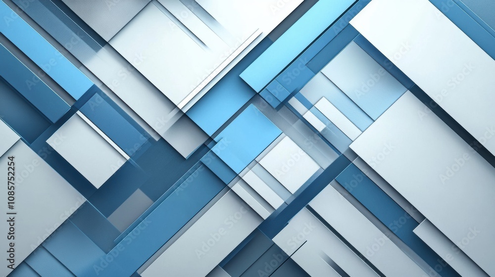 Poster abstract composition of overlapping rectangular shapes in shades of blue and white, creating a moder