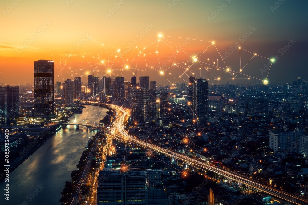 Aufkleber smart city design featuring gradient lines and intricate waves for big data connections