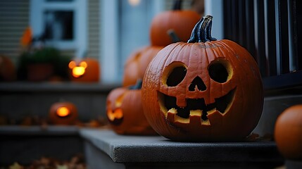 Fototapeta premium Festive Halloween Scene with Carved Pumpkins on Doorstep Surrounded by Autumn Leaves and Soft Light from Inside Home, Evoking Spooky Atmosphere
