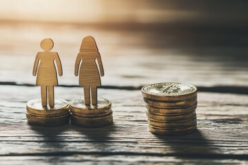 Visual representation of gender pay gap  businessman and businesswoman on stacked coins