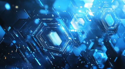 Futuristic Geometric Design with Blue and Turquoise Lights Creating a Vibrant Abstract Background for Technology or Digital Themes