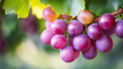 Fresh Cluster of Juicy Purple Grapes Hanging on Vibrant Green Vine Leaves with Soft Focus Background Creating an Inviting, Luscious Harvest Atmosphere