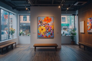 Contemporary art gallery with vibrant floral painting and wooden benches