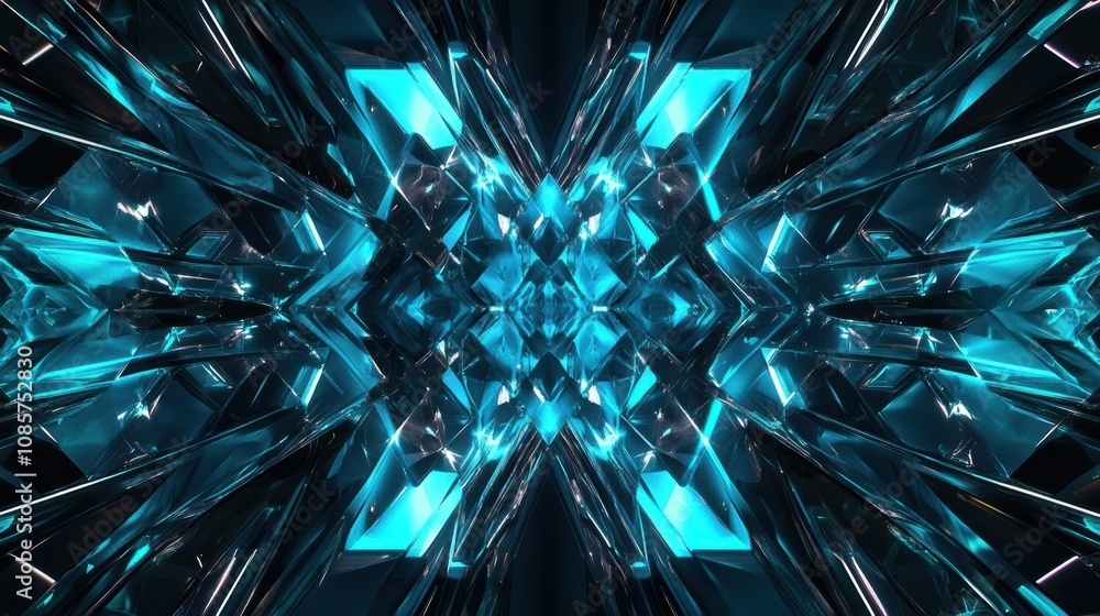 Poster intricate abstract reflection of bright blue crystal-like shapes with sharp edges and geometric patt