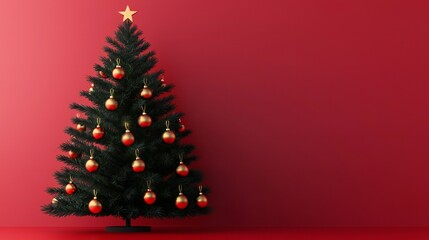 Festive Christmas Tree Gold Ornaments Red Background Holiday Season