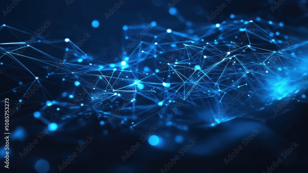 Poster abstract digital connections with glowing blue nodes and lines on dark background, representing tech