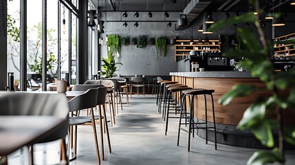 An interior view of a contemporary restaurant showcasing minimalist design, with a high ceiling, exposed piping, and a blend of wood and metal accents.