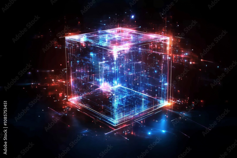 Poster futuristic transparent cube on a digital background featuring glowing elements and designs