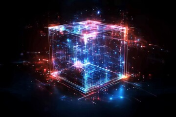 Obraz premium Futuristic transparent cube on a digital background featuring glowing elements and designs