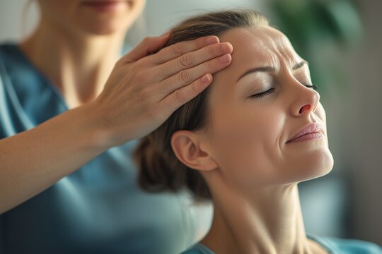 A physiotherapist demonstrating a head massage technique for relaxation and stress relief