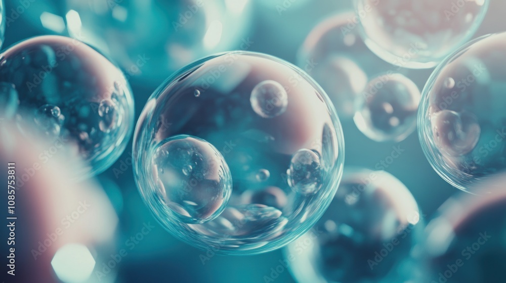 Poster close-up of translucent bubbles floating in a colorful, blurred background.