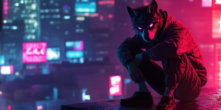 Teen wearing a wolf mask crouching on a rooftop, illuminated by neon city lights, urban mystery,