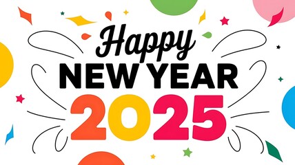 Festive New Year 2025 Banner with 'Happy New Year' Text in Cursive and Colorful Confetti Background