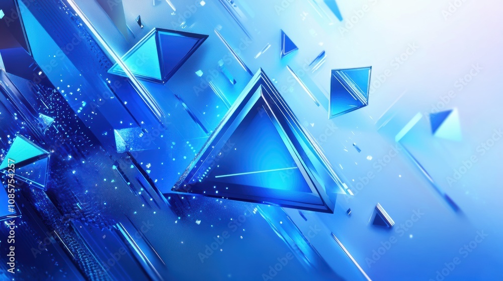 Poster abstract blue triangular shapes with motion effect in a digital space, ideal for backgrounds or tech