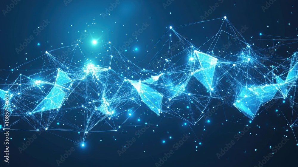 Poster abstract digital network with blue geometric shapes and glowing particles representing data flow and