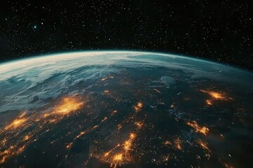 Fototapeta premium Panoramic view of planet Earth with galaxy, A breathtaking panoramic view of planet Earth surrounded by a vast, starry galaxy, showcasing the beauty of space.