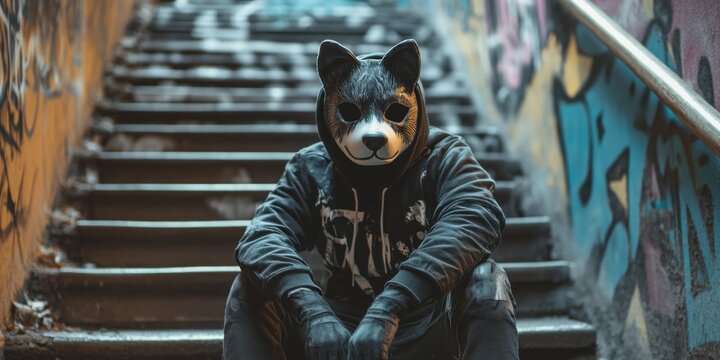 Teenager in a dog mask sitting on a graffiti-covered staircase, imitating animal behavior, rebellious vibe,