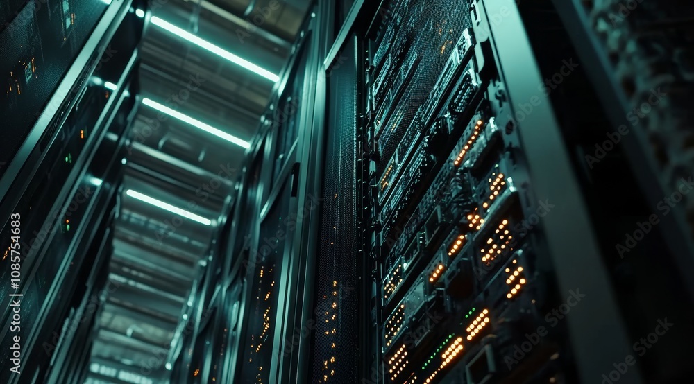 Poster advanced data center featuring network computers and server racks for virtual reality technology