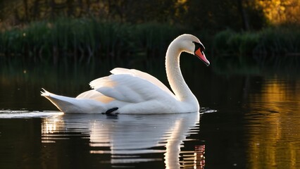 Graceful Swan Gliding on Calm Lake at Dawn