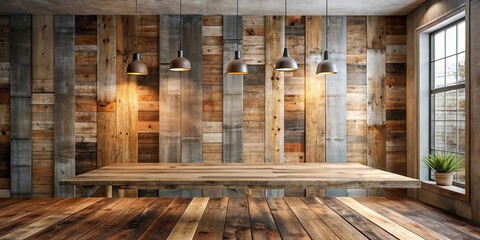 Rustic wooden room interior with empty table, perfect for product display or mockup scene