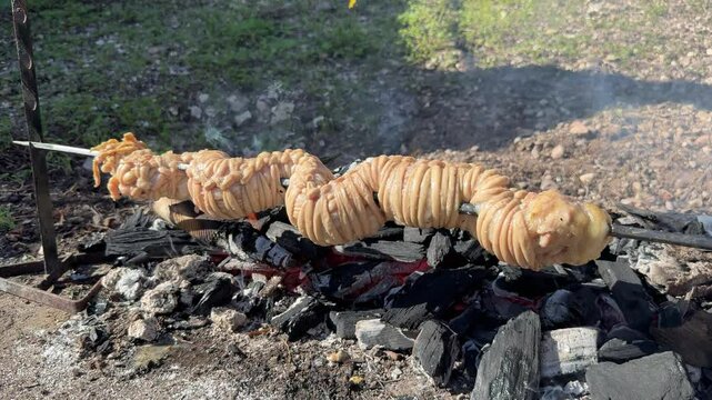 Sa Cordula or sa corda or braided lamb innards cooked on the grill, a typical Sardinian dish
