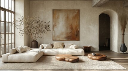 A serene living room with a large light sofa and wooden coffee tables. The walls are adorned with an abstract artwork. Natural light streams in, creating a cozy atmosphere.