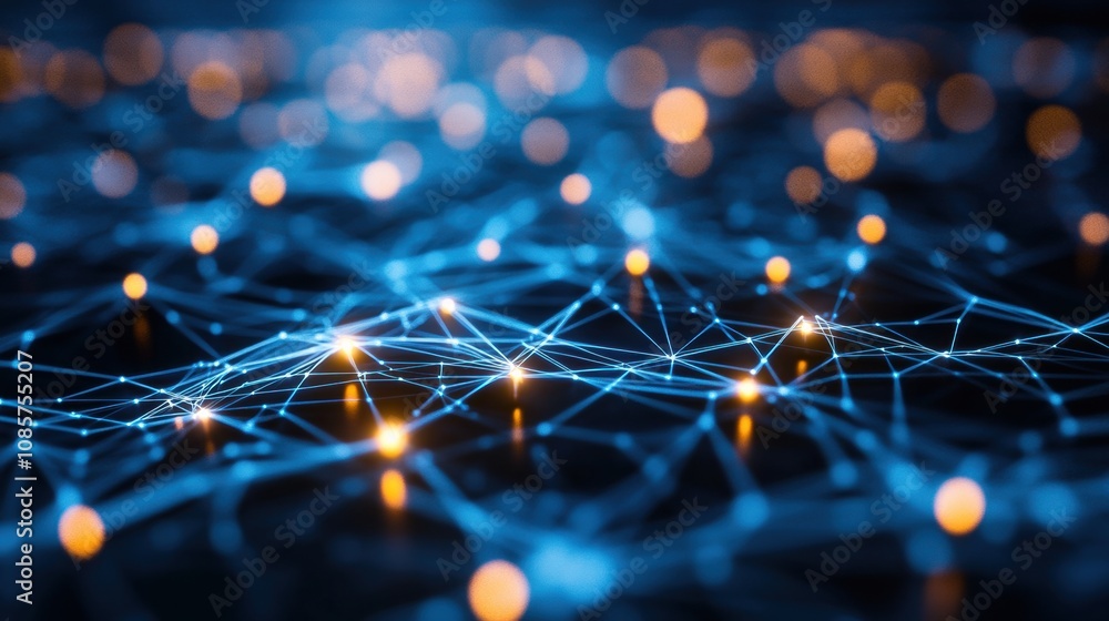 Poster Abstract digital network with glowing connections and nodes creating a visual representation of data flow, technology, and communication in a modern context.