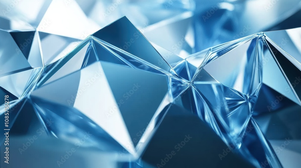 Poster abstract design with crystal-like shapes and reflections, highlighting blue tones and geometric patt