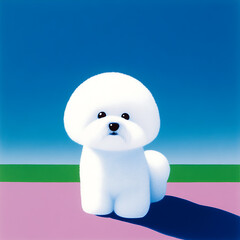fluffy white Bichon Frise stands against vibrant blue sky, exuding charm and playfulness. This adorable dog captures attention with its round shape and soft fur