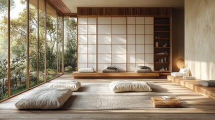 A tranquil Zen room featuring tatami mats, soft cushions, and large glass windows that bring the beauty of nature indoors.