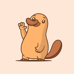 Cute and happy platypus mascot character, waving. Vector cartoon illustration