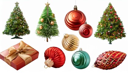 3d render, set of traditional Christmas ornaments and decorations. Winter holiday clip art isolated on white background. Collection of festive arrangements