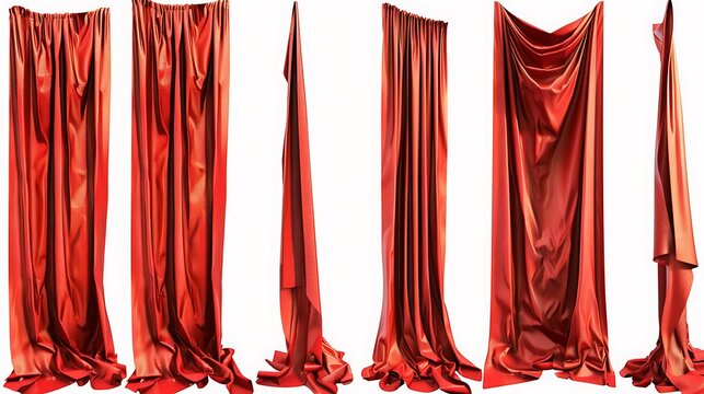 A series of red velvet curtains with elegant ruffles, neatly arranged in a row on a clean white background.