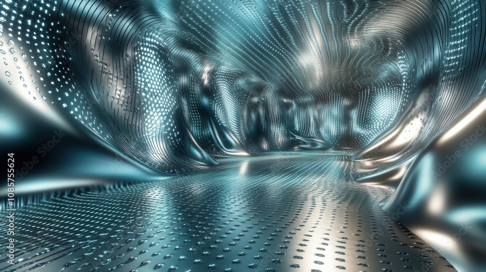 Poster abstract digital space with reflective metallic surfaces and glowing patterns, showcasing a futurist