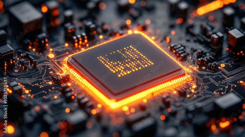 Poster close-up of a glowing microchip on a circuit board, representing technology and blockchain innovatio