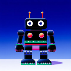 Naklejka premium colorful, stylized robot with large eyes and antennas, set against blue background. This playful design evokes sense of nostalgia and creativity